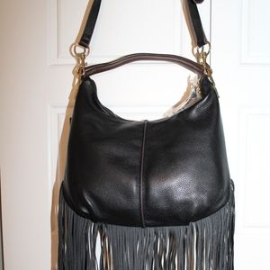 Mini Double Zip Fringe Black Leather Hobo Bag